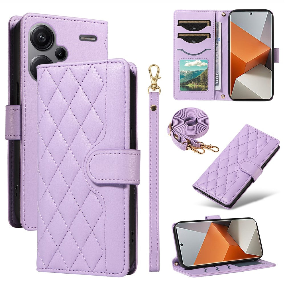 For Xiaomi Redmi Note 13 Pro+ 5G Case Wallet Rhombus Leather Phone Cover with Shoulder Strap, Wrist Strap