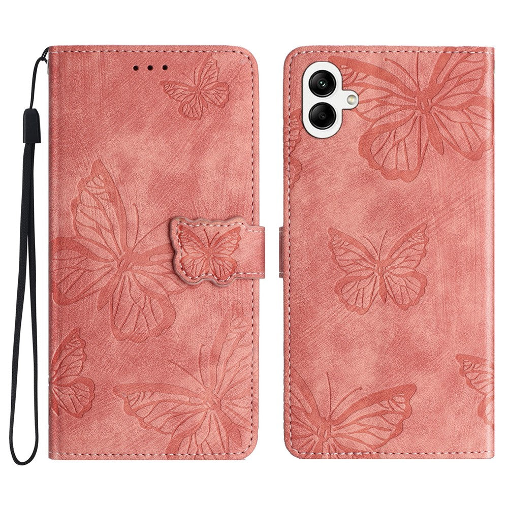 Samsung Galaxy A08 5G / A08 4G / A07 4G / A07s 4G / A06 4G / A06 5G skal fjärilsdesign fällbart läderfodral med beröringsskydd