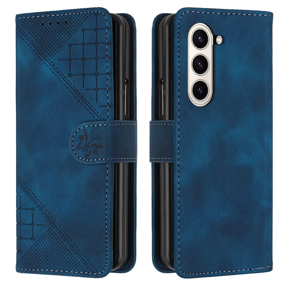 For Samsung Galaxy Z Fold5 5G Leather Wallet Case Butterfly Flower Imprinted Phone Cover with Strap