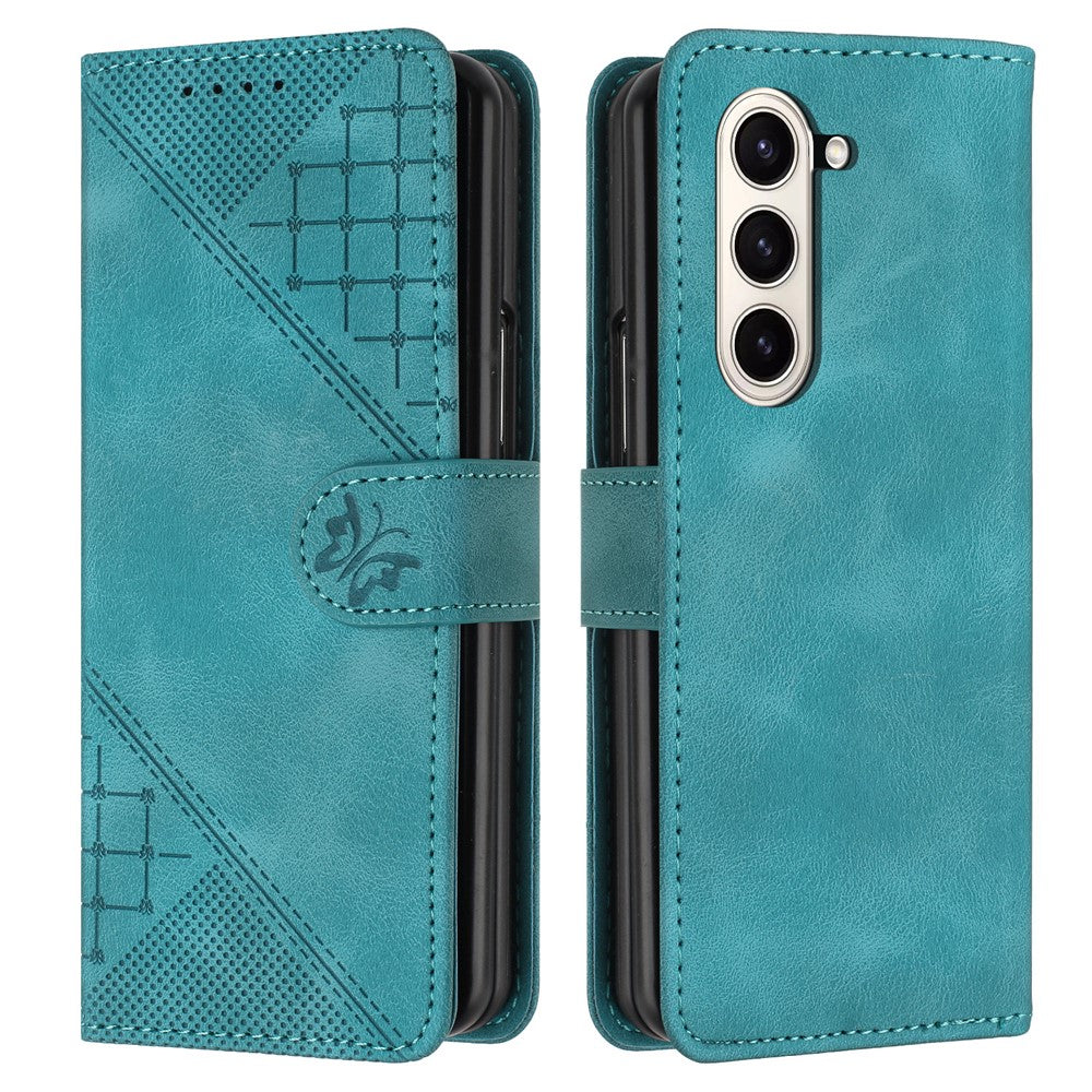 For Samsung Galaxy Z Fold5 5G Leather Wallet Case Butterfly Flower Imprinted Phone Cover with Strap