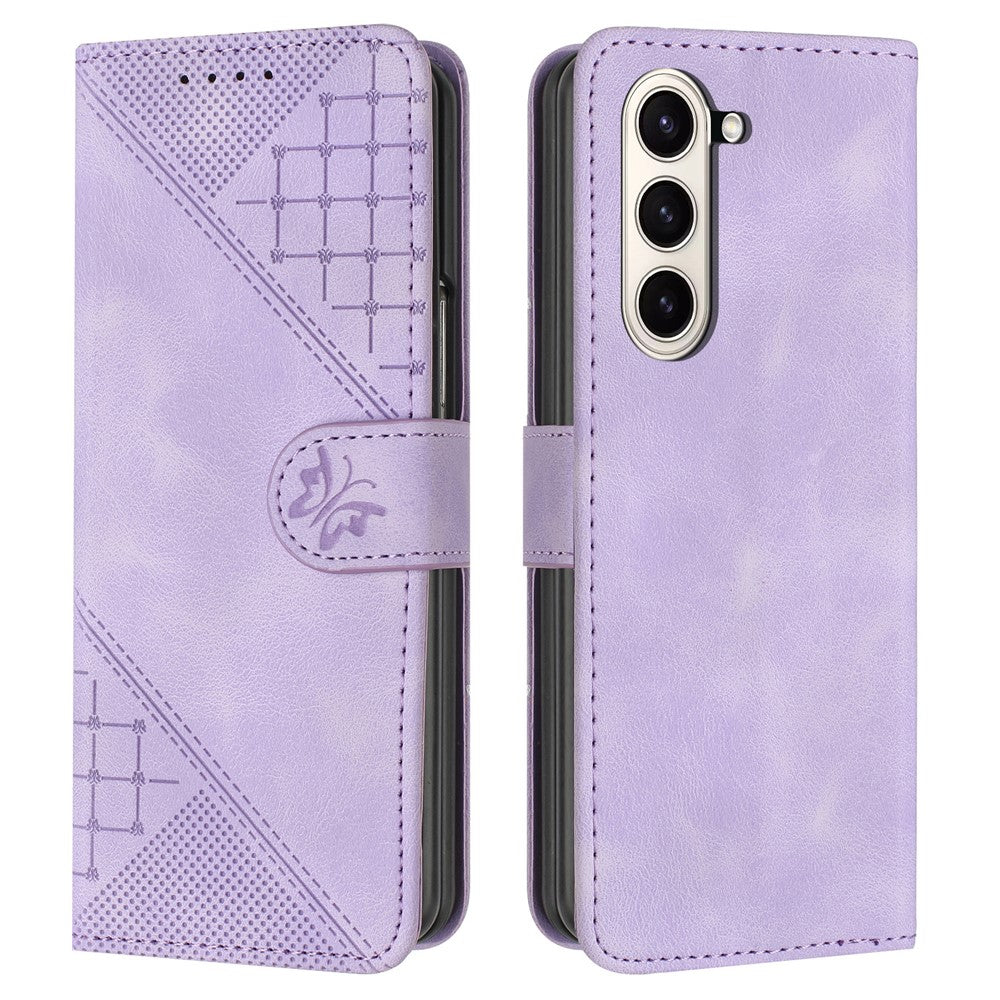 For Samsung Galaxy Z Fold5 5G Leather Wallet Case Butterfly Flower Imprinted Phone Cover with Strap