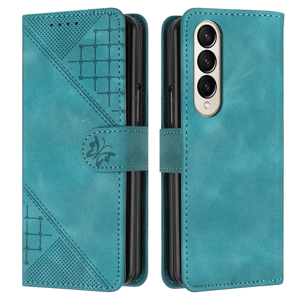 For Samsung Galaxy Z Fold4 5G Leather Wallet Case Butterfly Flower Imprinted Phone Cover with Strap
