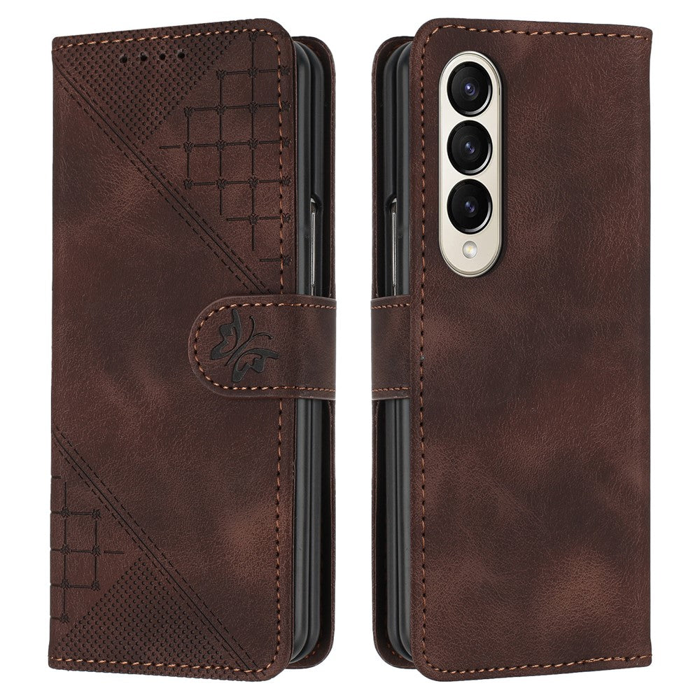 For Samsung Galaxy Z Fold4 5G Leather Wallet Case Butterfly Flower Imprinted Phone Cover with Strap