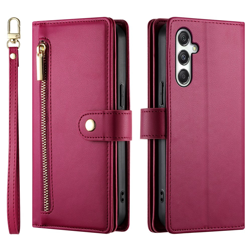 DF-011 For Samsung Galaxy M35 5G Case Zipper Pocket Wallet Leather Phone Cover with Straps