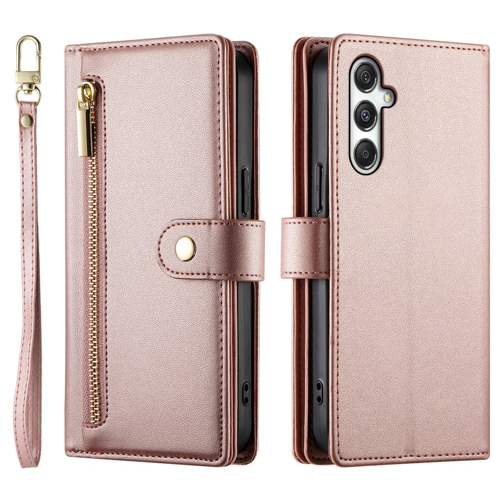DF-011 For Samsung Galaxy M35 5G Case Zipper Pocket Wallet Leather Phone Cover with Straps