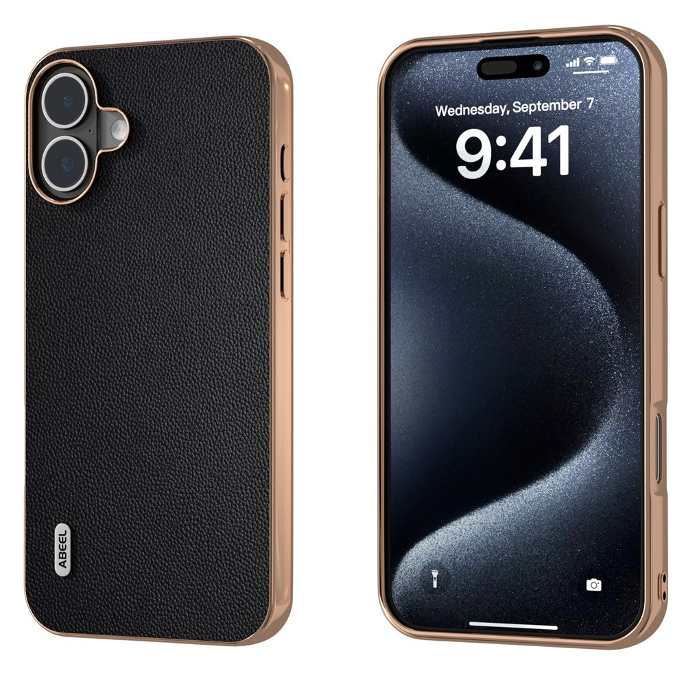 ABEEL For iPhone 16 Case Electroplating Genuine Cow Leather PC Phone Cover
