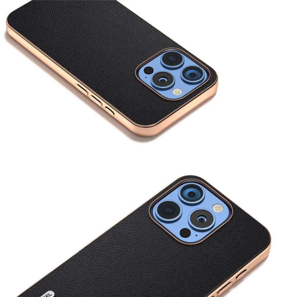 ABEEL For iPhone 16 Pro Max Case Electroplating Genuine Cow Leather PC Phone Cover
