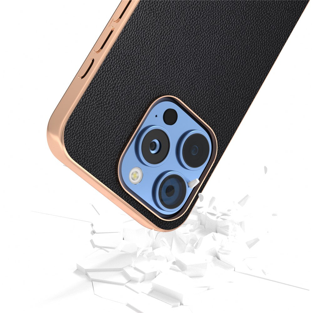 ABEEL For iPhone 16 Pro Max Case Electroplating Genuine Cow Leather PC Phone Cover