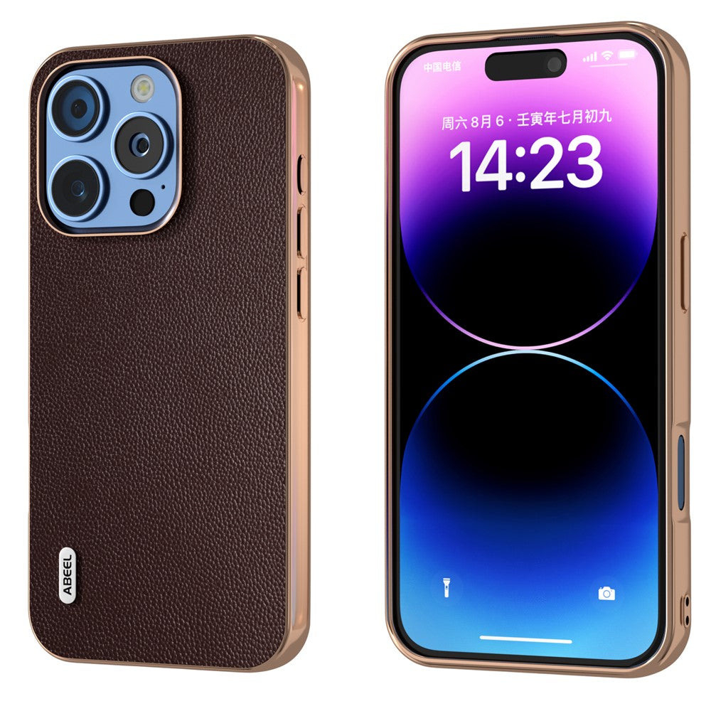 ABEEL For iPhone 16 Pro Max Case Electroplating Genuine Cow Leather PC Phone Cover