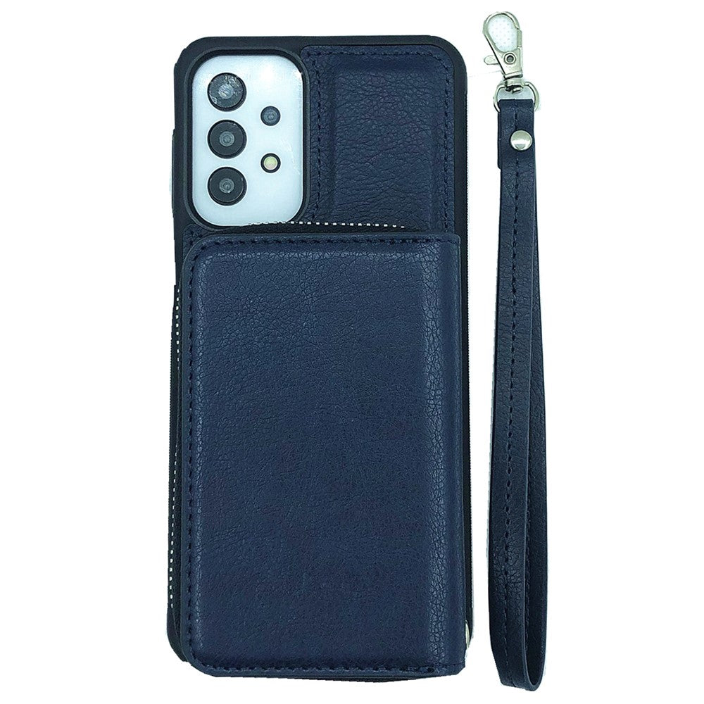 For Samsung Galaxy A33 5G Case Detachable Zipper Card Bag PU+TPU Kickstand Phone Case with Strap