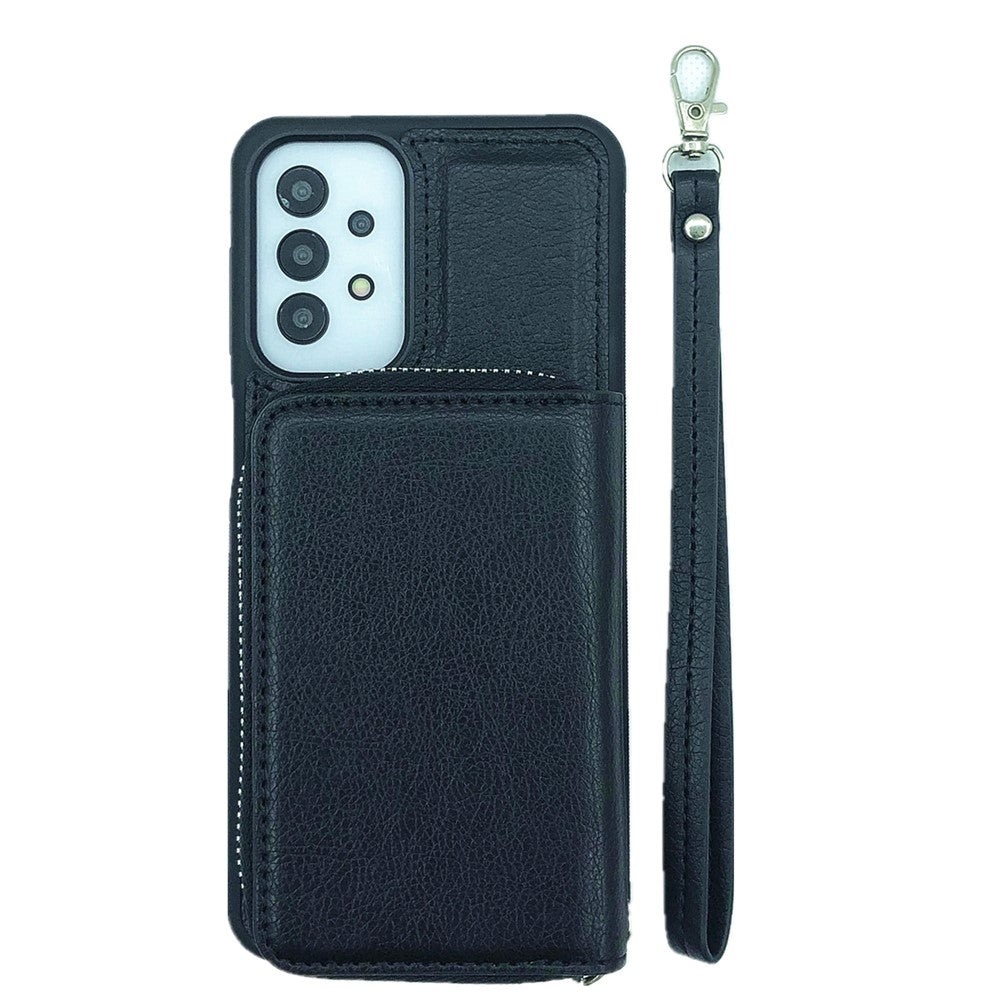 For Samsung Galaxy A33 5G Case Detachable Zipper Card Bag PU+TPU Kickstand Phone Case with Strap