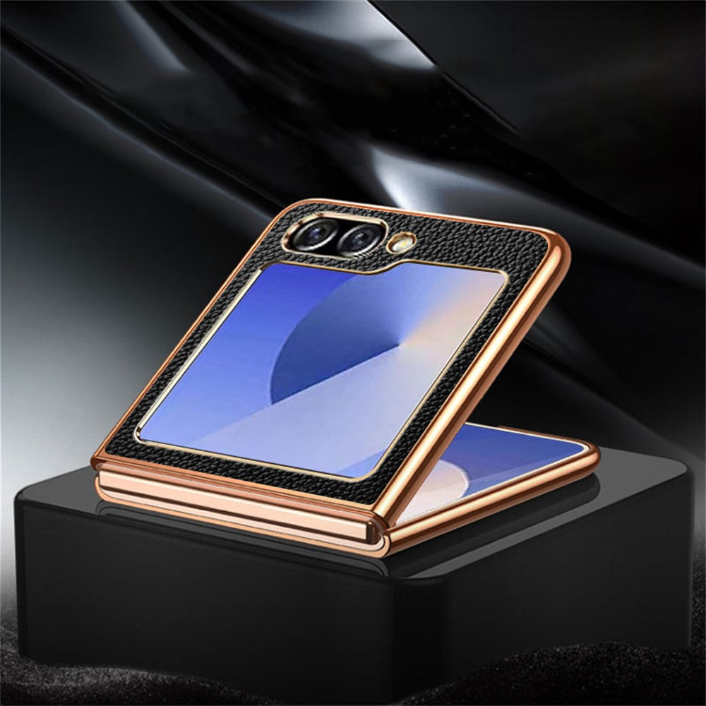 For Samsung Galaxy Z Flip7 FE 5G / Z Flip6 5G Case Litchi Texture Genuine Cow Leather+PC Phone Cover