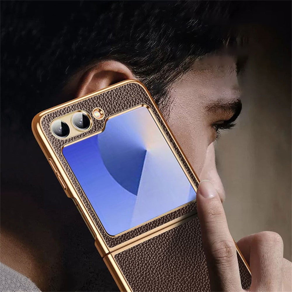 For Samsung Galaxy Z Flip7 FE 5G / Z Flip6 5G Case Litchi Texture Genuine Cow Leather+PC Phone Cover