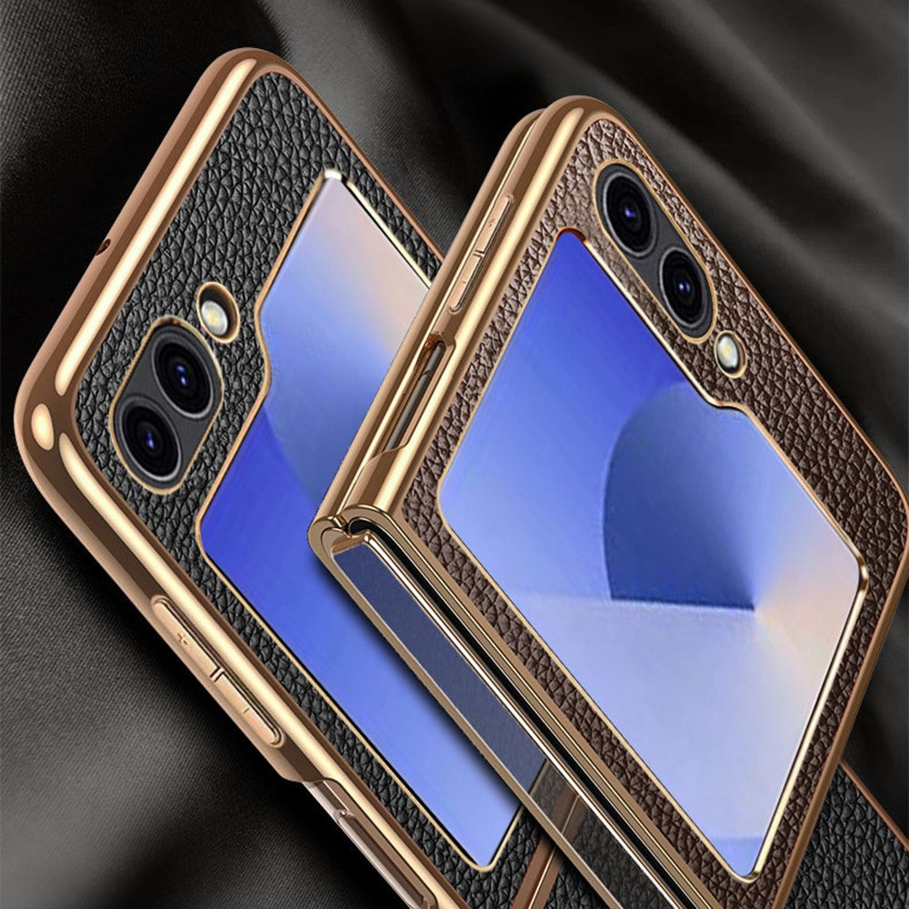 For Samsung Galaxy Z Flip7 FE 5G / Z Flip6 5G Case Litchi Texture Genuine Cow Leather+PC Phone Cover