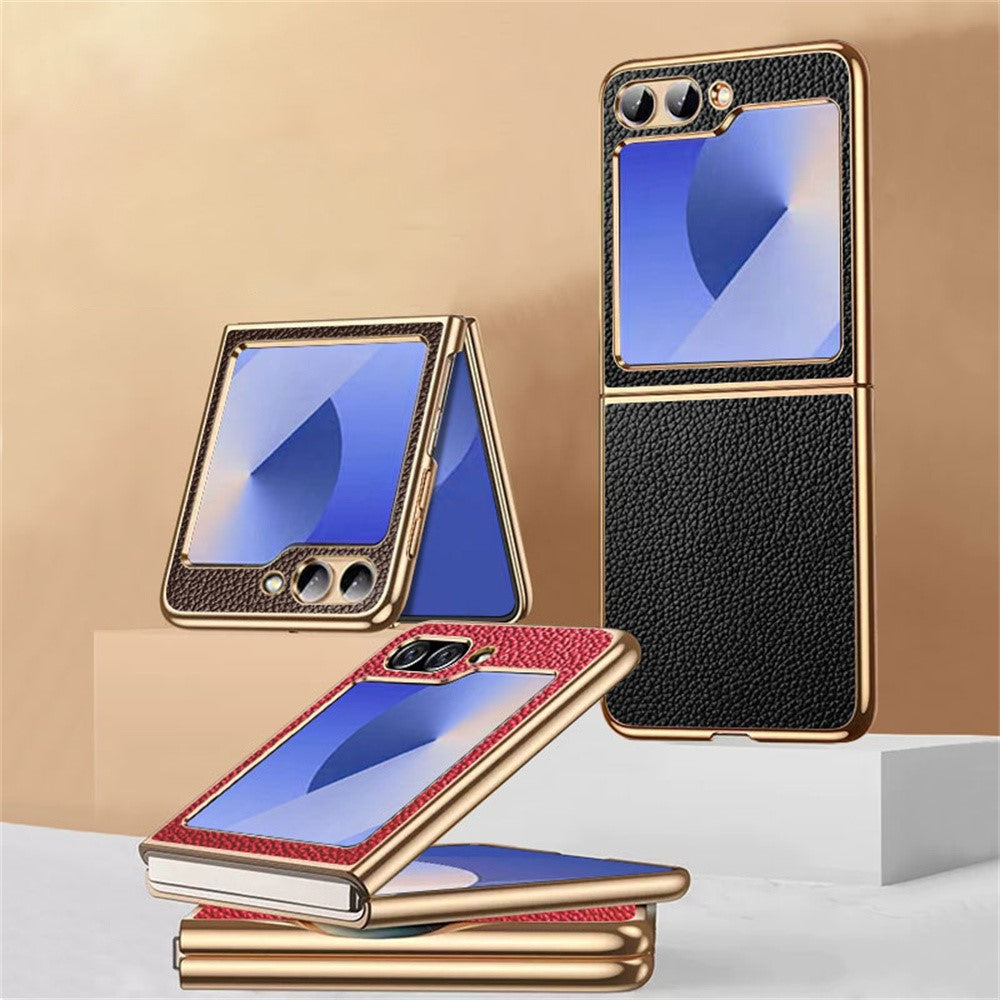 For Samsung Galaxy Z Flip7 FE 5G / Z Flip6 5G Case Litchi Texture Genuine Cow Leather+PC Phone Cover