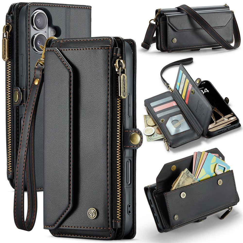 For iPhone 16 Leather Case CASEME C36 Zipper Multiple Card Slots Phone Cover with Straps