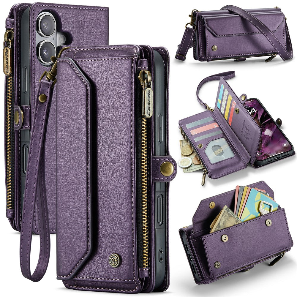For iPhone 16 Plus Leather Case CASEME C36 Zipper Multiple Card Slots Phone Cover with Straps