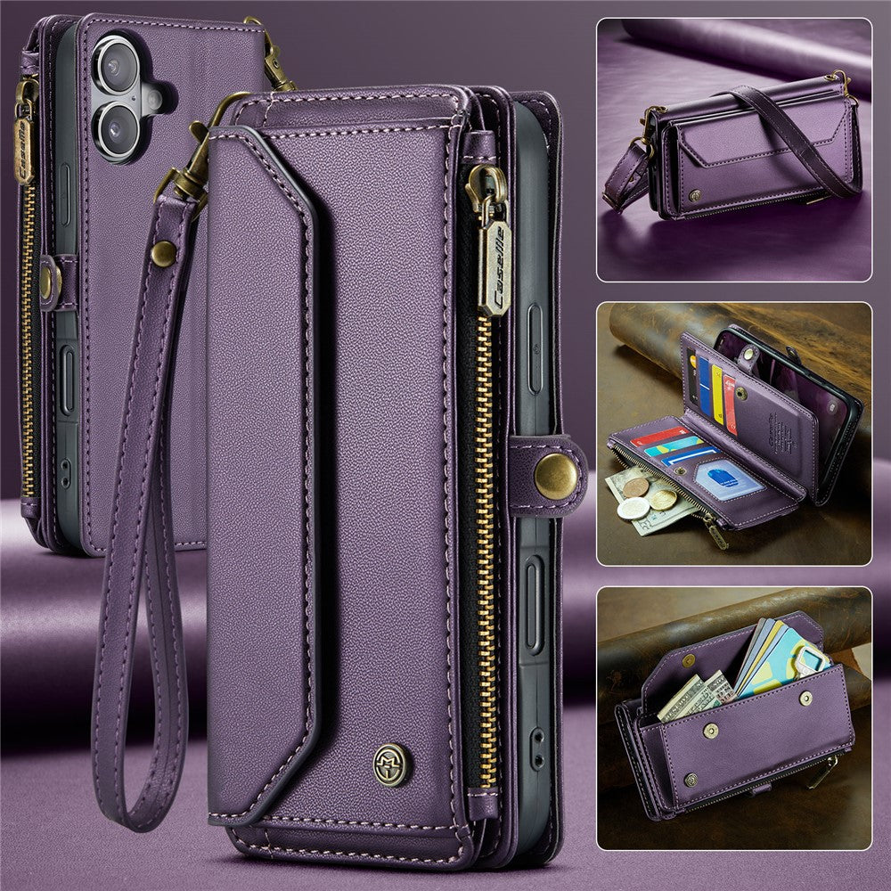 For iPhone 16 Plus Leather Case CASEME C36 Zipper Multiple Card Slots Phone Cover with Straps