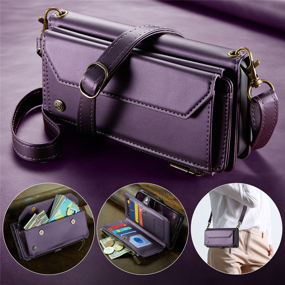 For iPhone 16 Plus Leather Case CASEME C36 Zipper Multiple Card Slots Phone Cover with Straps