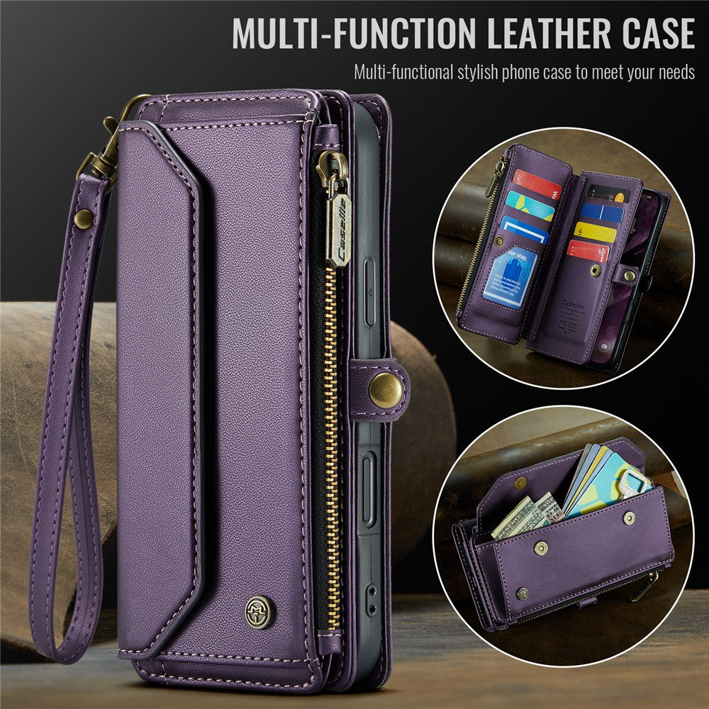 For iPhone 16 Plus Leather Case CASEME C36 Zipper Multiple Card Slots Phone Cover with Straps