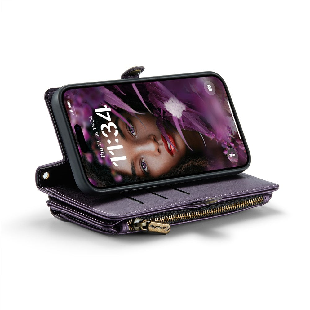 For iPhone 16 Plus Leather Case CASEME C36 Zipper Multiple Card Slots Phone Cover with Straps
