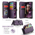 For iPhone 16 Plus Leather Case CASEME C36 Zipper Multiple Card Slots Phone Cover with Straps