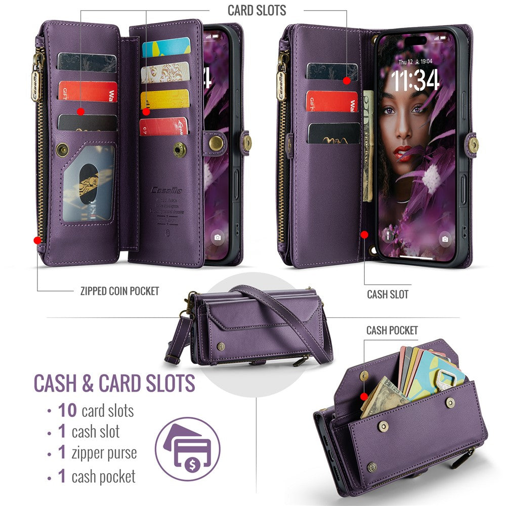 For iPhone 16 Plus Leather Case CASEME C36 Zipper Multiple Card Slots Phone Cover with Straps