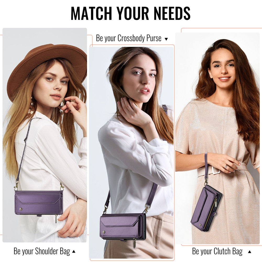 For iPhone 16 Plus Leather Case CASEME C36 Zipper Multiple Card Slots Phone Cover with Straps