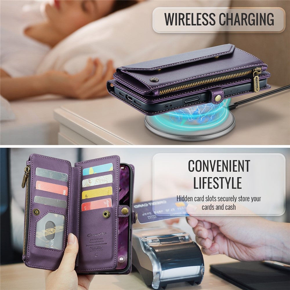 For iPhone 16 Plus Leather Case CASEME C36 Zipper Multiple Card Slots Phone Cover with Straps