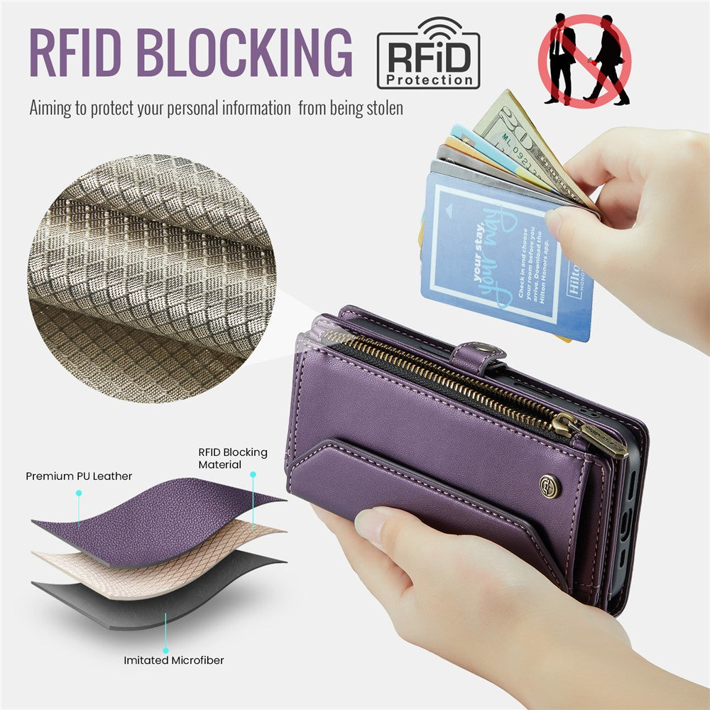 For iPhone 16 Plus Leather Case CASEME C36 Zipper Multiple Card Slots Phone Cover with Straps