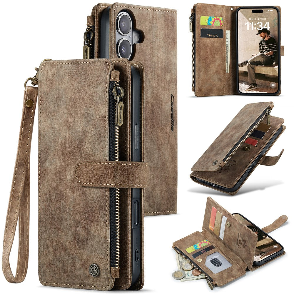 For iPhone 16 Plus Phone Cases with Strap CASEME C30 Zipper Multiple Card Holder PU Leather Cover