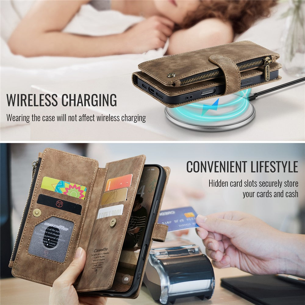 For iPhone 16 Phone Cases with Strap CASEME C30 Zipper Multiple Card Holder PU Leather Cover