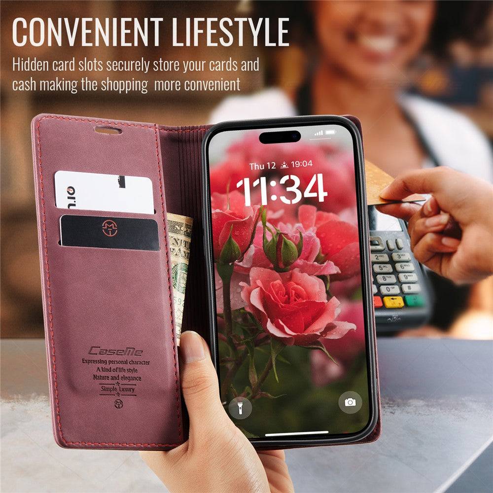 CASEME 013 Series For iPhone 16 Plus Case Card Holder Stand Leather Phone Cover