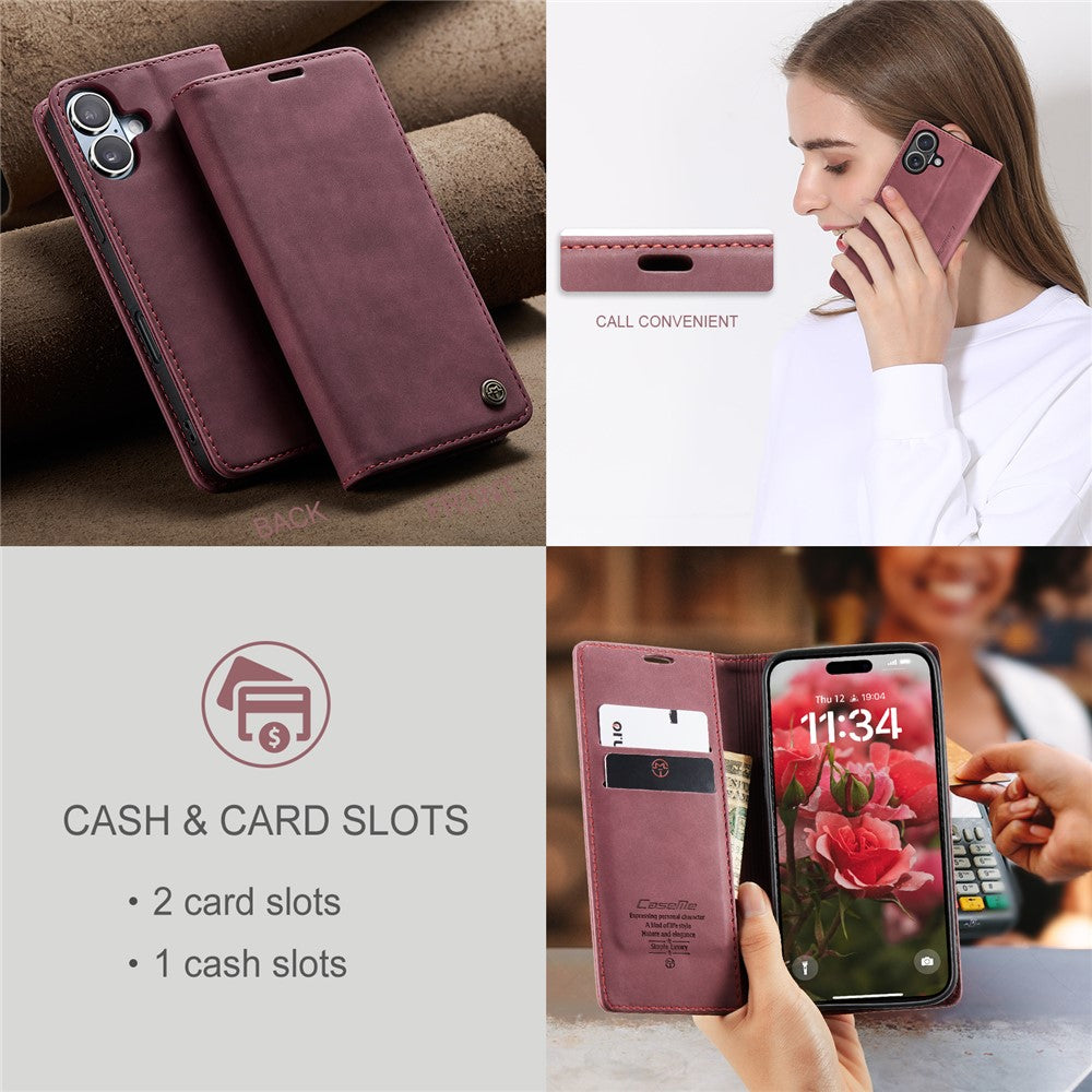 CASEME 013 Series For iPhone 16 Case Card Holder Stand Leather Phone Cover