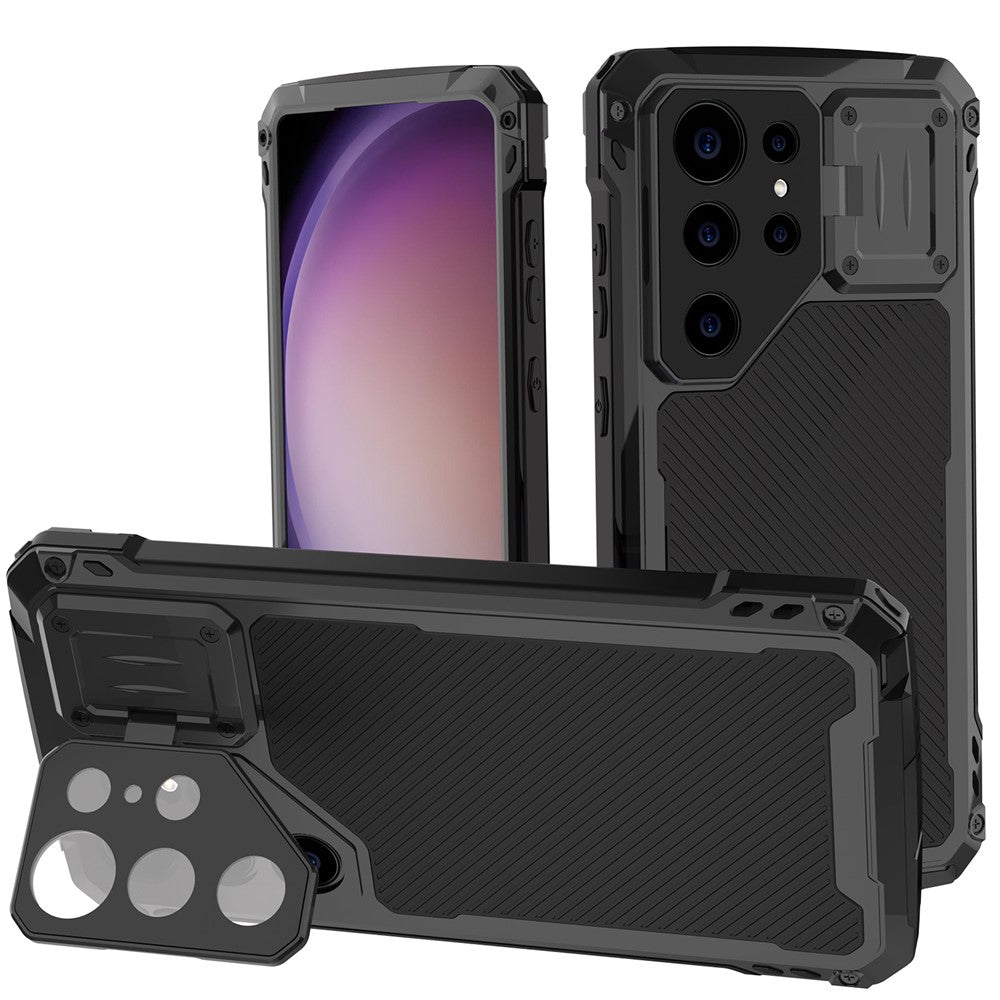 Samsung Galaxy S23 Ultra-skal Aluminiumlegering + Silikonlins Stativ mobilskal med PET-skärmfilm