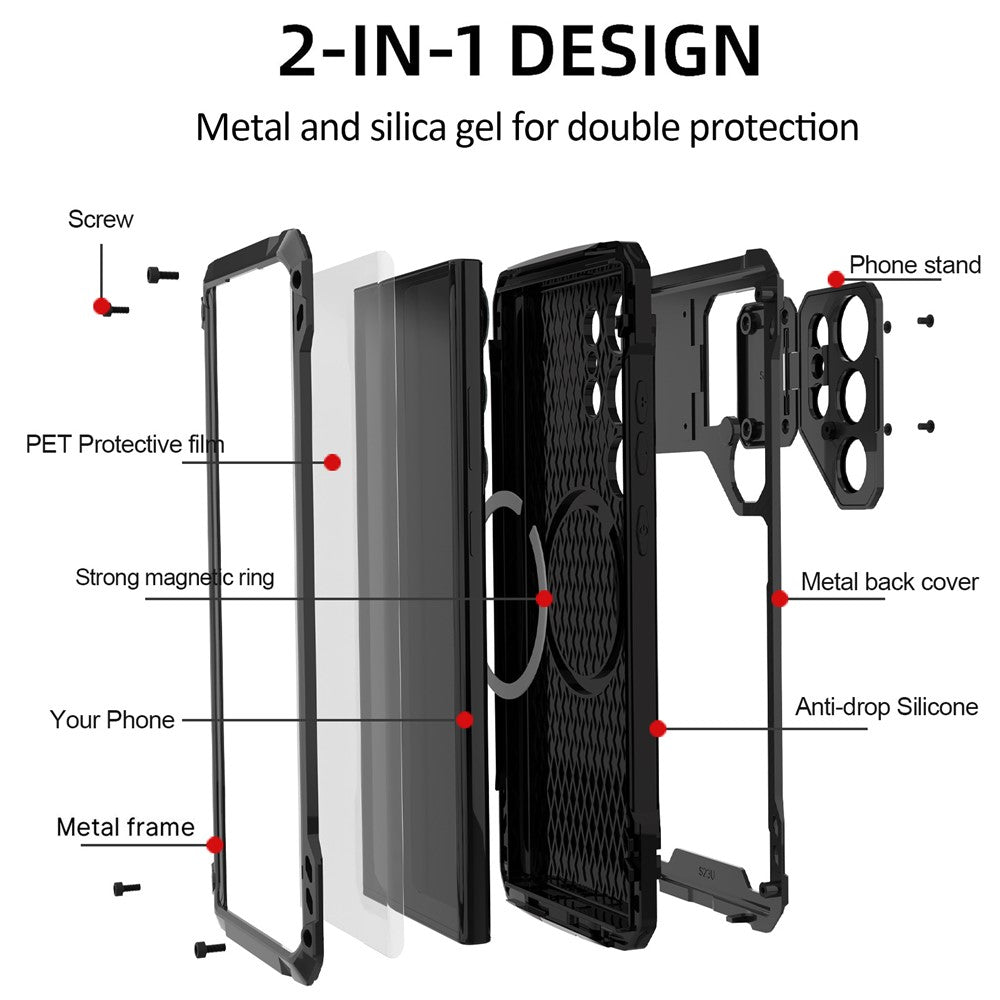 Samsung Galaxy S23 Ultra-skal Aluminiumlegering + Silikonlins Stativ mobilskal med PET-skärmfilm