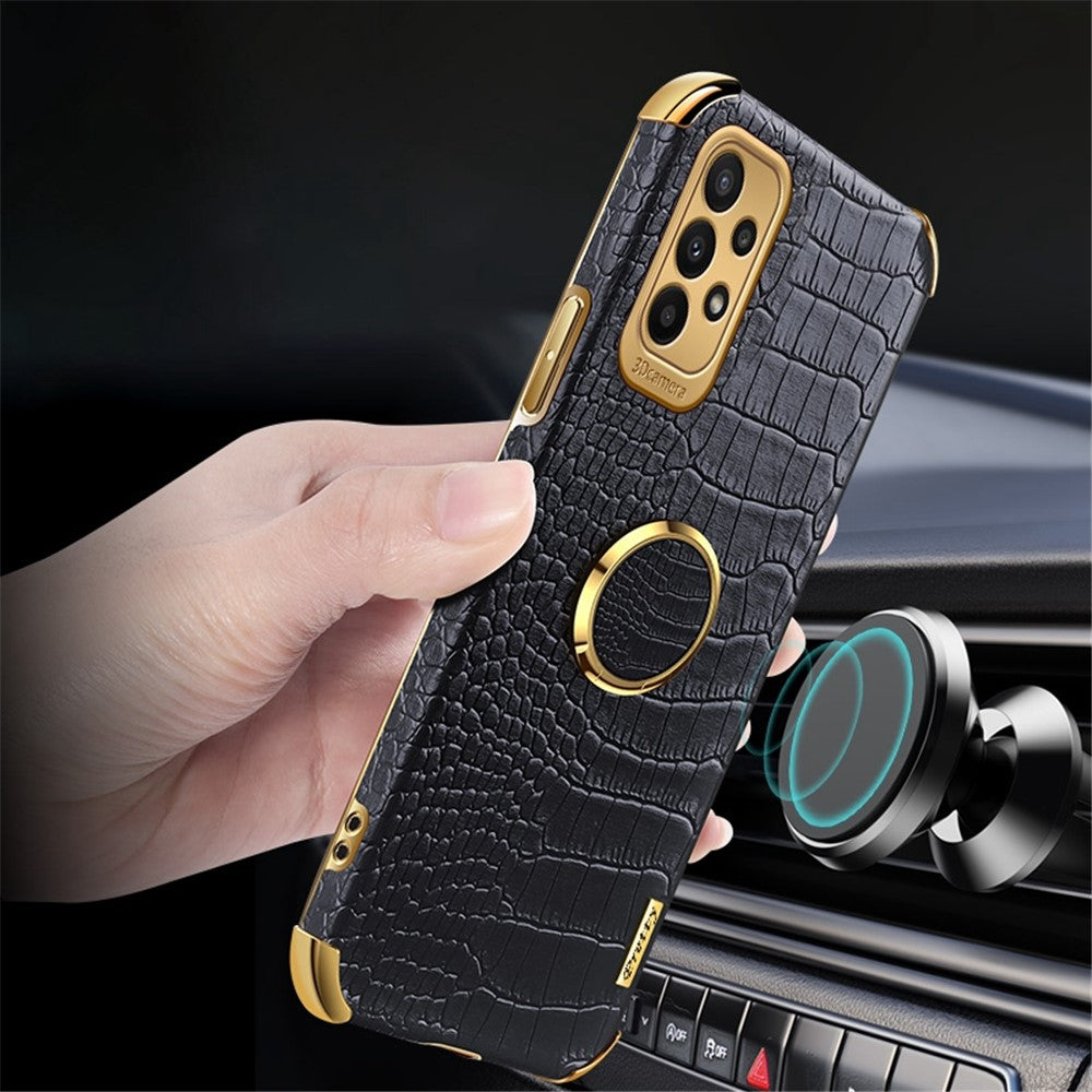 For Samsung Galaxy A23 5G (Global Version) / 4G Crocodile Texture Electroplating Phone Case Ring Kickstand PU Leather Coated TPU Cover