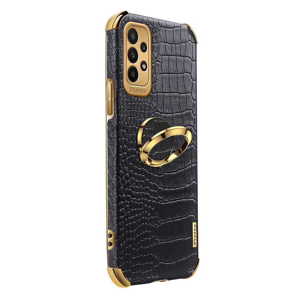 For Samsung Galaxy A23 5G (Global Version) / 4G Crocodile Texture Electroplating Phone Case Ring Kickstand PU Leather Coated TPU Cover