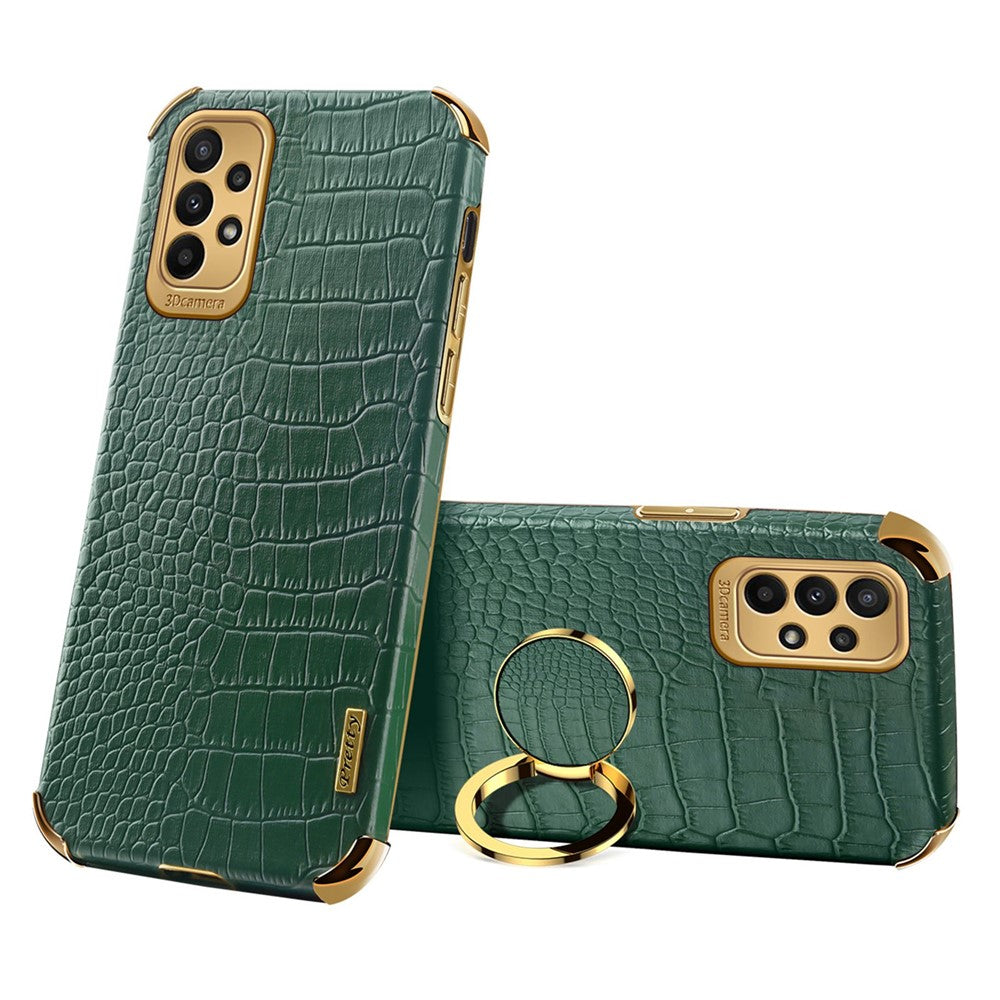 For Samsung Galaxy A23 5G (Global Version) / 4G Crocodile Texture Electroplating Phone Case Ring Kickstand PU Leather Coated TPU Cover