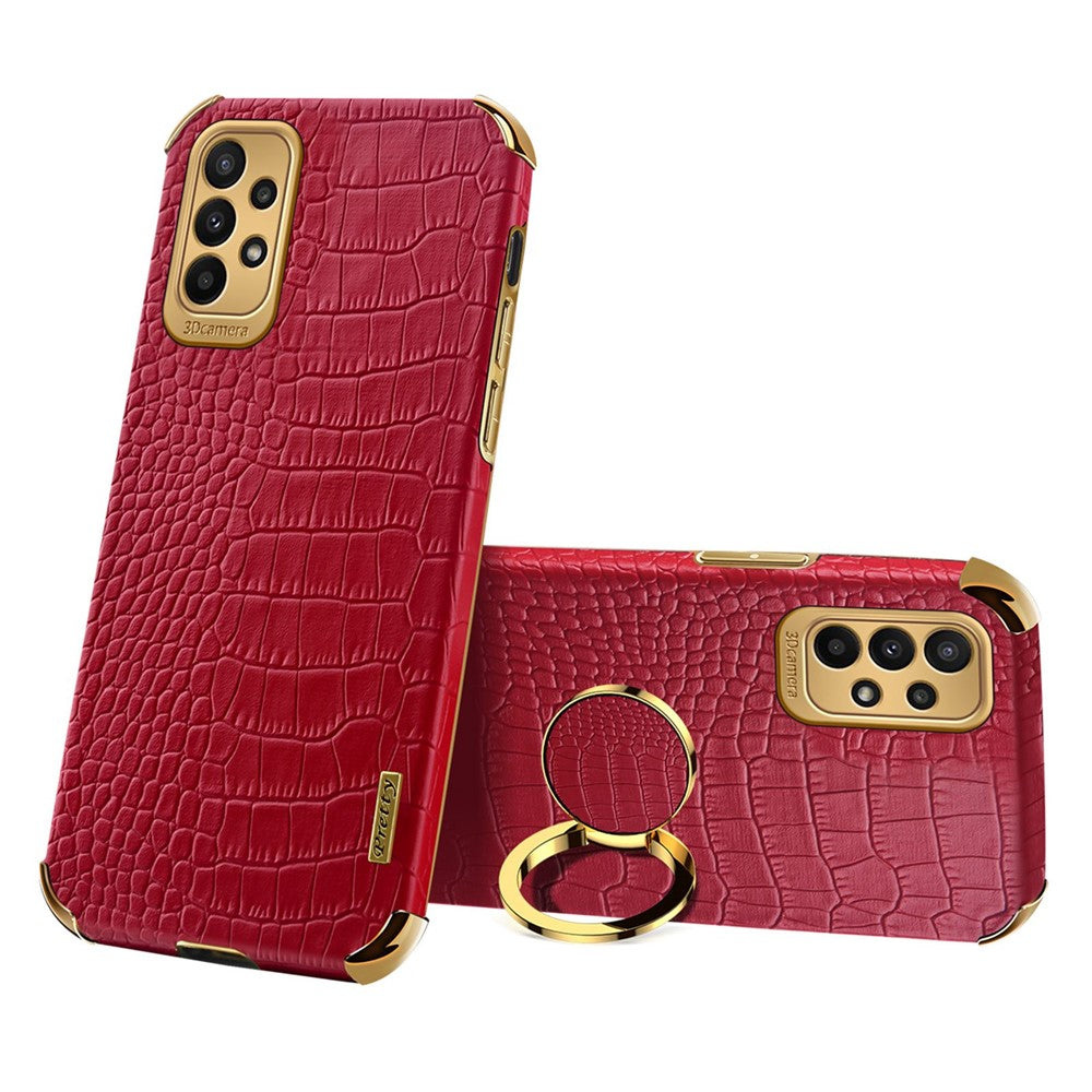 For Samsung Galaxy A23 5G (Global Version) / 4G Crocodile Texture Electroplating Phone Case Ring Kickstand PU Leather Coated TPU Cover