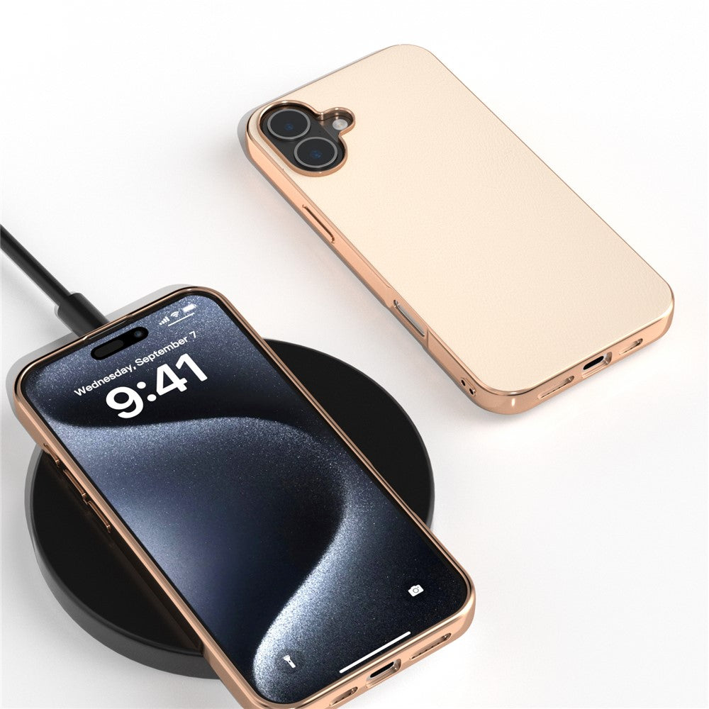 For iPhone 16 Plus Case Electroplating Edge PU Leather Coated TPU+PC Phone Cover