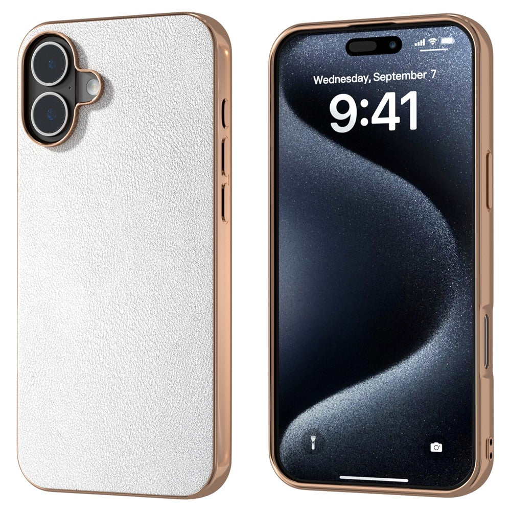 For iPhone 16 Plus Case Electroplating Edge PU Leather Coated TPU+PC Phone Cover