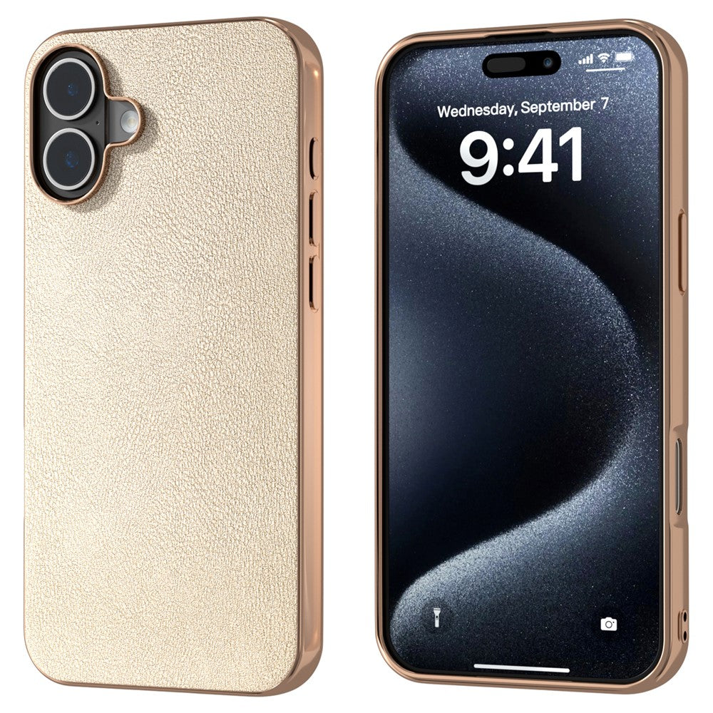 For iPhone 16 Plus Case Electroplating Edge PU Leather Coated TPU+PC Phone Cover