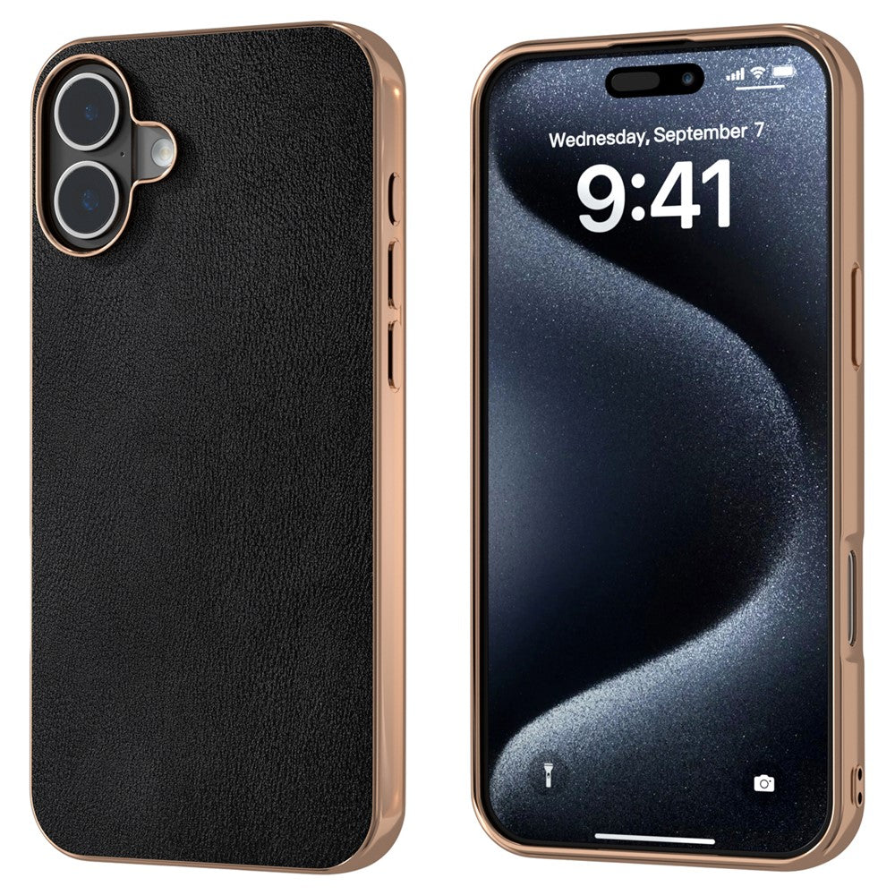 For iPhone 16 Plus Case Electroplating Edge PU Leather Coated TPU+PC Phone Cover