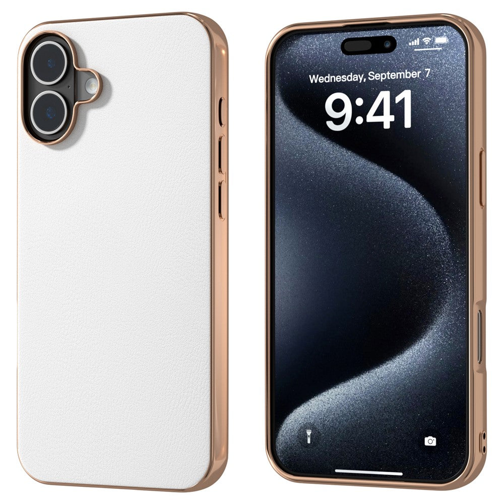 For iPhone 16 Plus Case Electroplating Edge PU Leather Coated TPU+PC Phone Cover