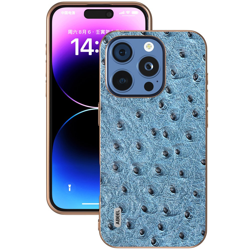 ABEEL For iPhone 16 Pro Case Electroplating Edge Ostrich Texture Genuine Cow Leather Back Cover
