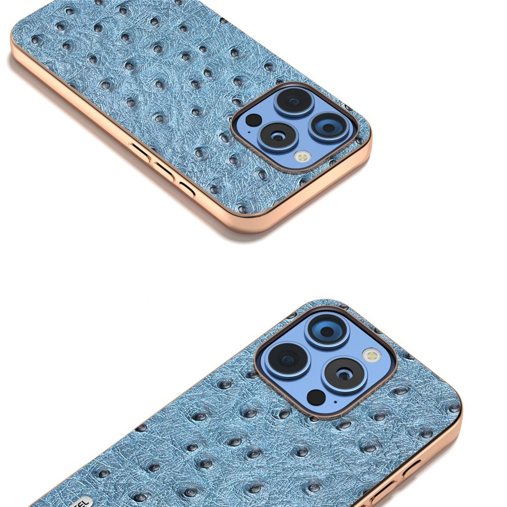 ABEEL For iPhone 16 Pro Case Electroplating Edge Ostrich Texture Genuine Cow Leather Back Cover