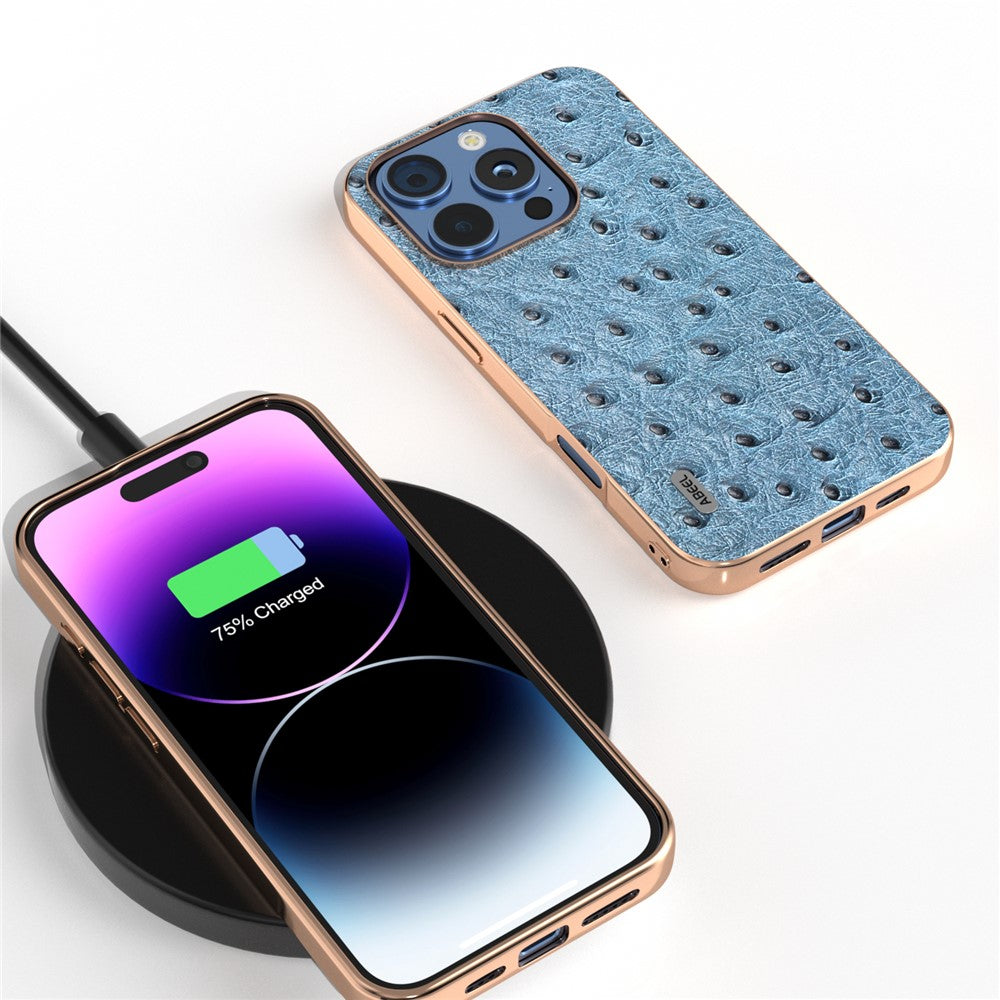 ABEEL For iPhone 16 Pro Case Electroplating Edge Ostrich Texture Genuine Cow Leather Back Cover