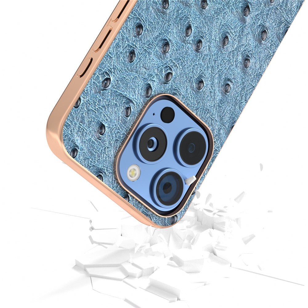 ABEEL For iPhone 16 Pro Case Electroplating Edge Ostrich Texture Genuine Cow Leather Back Cover