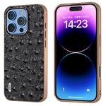 ABEEL For iPhone 16 Pro Case Electroplating Edge Ostrich Texture Genuine Cow Leather Back Cover